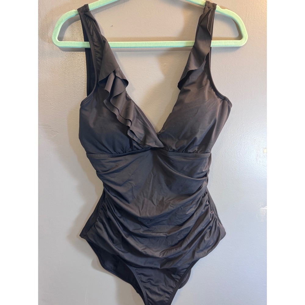 Lauren Ralph Lauren Black Ruffle V-Neck Ruched One Piece Swimsuit‎ Womens